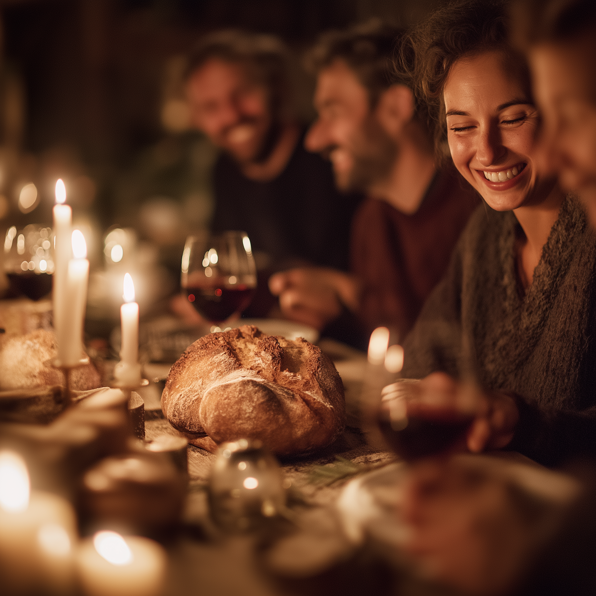 Menschen teilen Brot bei Kerzenlicht